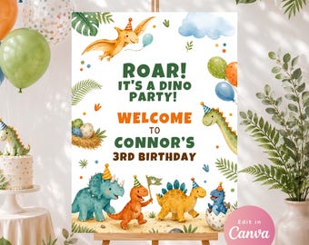 Dinosaur Welcome Sign | Roar Dino Party Canva Template for Boys