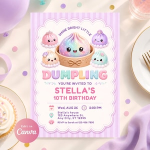 Invitación de cumpleaños editable con diseño de dumplings para niñas, plantilla kawaii suave para Canva.