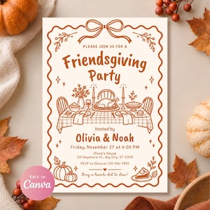 May include: A cream-coloured Friendsgiving party invitation card with rust-coloured line art. The design features a bow at the top, a table setting with a turkey, and text reading: Please join us for a Friendsgiving Party, hosted by Olivia & Noah.