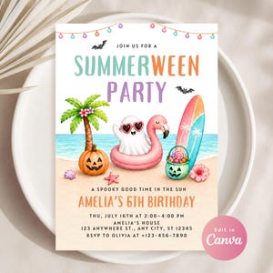 Editable Summerween Birthday Invitation, Spooky Beach Party Canva Template for Kids