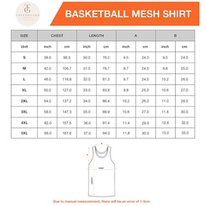 May include: A size chart for a basketball mesh shirt featuring a table with columns for size, chest, and length in inches and centimeters, ranging from S to 5XL. Below the table is a line drawing of a tank top with labels for chest and length.