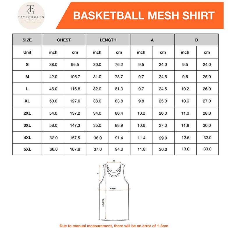 May include: A size chart for a basketball mesh shirt featuring a table with columns for size, chest, and length in inches and centimeters, ranging from S to 5XL. Below the table is a line drawing of a tank top with labels for chest and length.