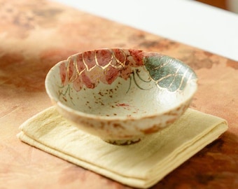 Handmade Stoneware Tea Bowl 9*3.7cm, 90ml, Cherry Blossom Sakura Design, Gold Accents, Wabi Sabi Ceramic