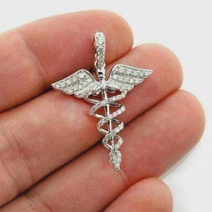2.76 Ct Simulated Diamond Caduceus Pendant 14K White Gold Plated Necklace