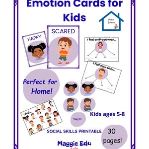 May include: A printable set of emotion cards for kids, featuring illustrations of children expressing various feelings. The cards include the words "Happy" and "Scared," and are designed for children ages 5-8. The set includes 30 pages and is perfect for home use.