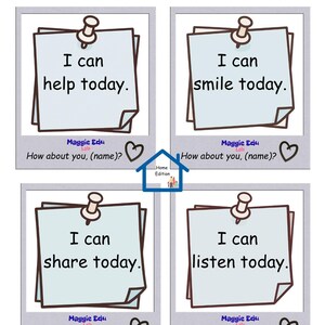 May include: A poster with four square images, each featuring a light blue sticky note with a message: "I can help today," "I can smile today," "I can share today," and "I can listen today." Each note is pinned with a pushpin.