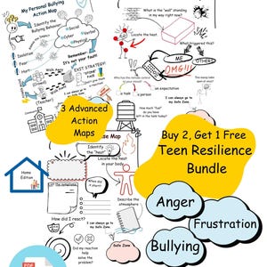 May include: An educational illustration featuring mind maps on bullying and frustration. The image includes diagrams, flowcharts, and the text "Buy 2, Get 1 Free Teen Resilience Bundle." The image is designed for educational purposes and includes the text "Maggie Edu Lab."