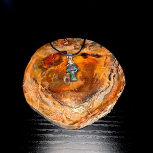 Puede incluir: Un colgante en forma de hongo con una fianza plateada cuelga de un cordón negro. El colgante presenta una piedra iridiscente colorida. Descansa sobre una rodaja redonda y pulida de madera petrificada, con tonos naranja, marrón y rojo. El fondo es negro.