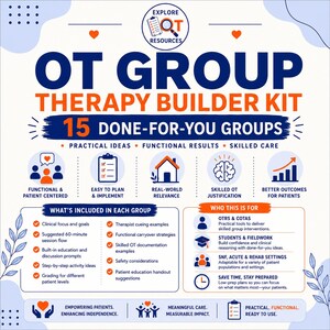 May include: An OT Group Therapy Builder Kit infographic featuring 15 done-for-you groups. It includes sections on functional patient-centered care, easy planning, real-world relevance, skilled OT justification, and better patient outcomes with text.