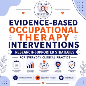 May include: A white informational graphic titled Evidence-Based Occupational Therapy Interventions, Research-Supported Strategies for Everyday Clinical Practice. It features the Explore OT Resources logo, five icons with labels, and three bottom badges.