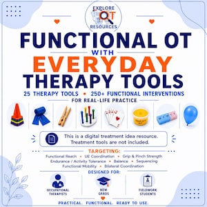 Może przedstawiać: Grafika promująca "Functional OT with Everyday Therapy Tools". Obraz przedstawia narzędzia terapeutyczne, takie jak stożki, taśmy oporowe i karty do gry. Tekst zawiera "25 narzędzi terapeutycznych" i "250+ interwencji funkcjonalnych".