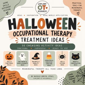 May include: A digital resource guide titled Halloween Occupational Therapy Treatment Ideas by Nicole Smith, OTR/L. The graphic features 30 activity ideas with icons for a pumpkin, ghost, witch hat, candy corn, spider, and cat, plus text accents.