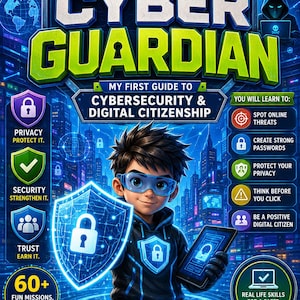 May include: A book cover titled The Cyber Guardian: My First Guide to Cybersecurity & Digital Citizenship. It features a cartoon character wearing blue goggles and holding a tablet, surrounded by digital shield icons, text, and a city background.