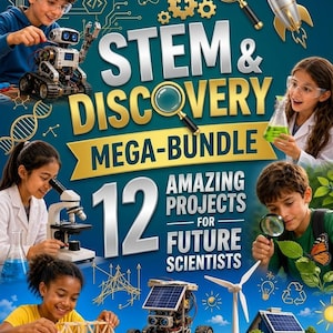 Puede incluir: Una caja de kit educativo STEM & Discovery Mega-Bundle con el texto 12 Amazing Projects for Future Scientists. El diseño incluye ilustraciones de un robot, cohete, microscopio, turbina eólica, casa solar y niños realizando experimentos científicos.