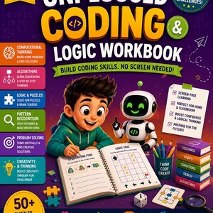 以下が含まれることがあります： 7歳から12歳向けの「The Ultimate Unplugged Coding & Logic Workbook」は、紫色の表紙に、小さな白いロボットの隣で本に書き込みをする漫画の子供が描かれています。100以上のパズル、アクティビティ、課題、STEMスキルに関するテキストが含まれています。