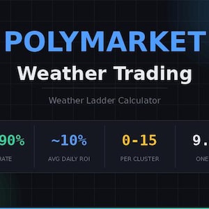 May include: A digital graphic with the text "POLYMARKET Weather Trading" in blue and white. Below, a calculator displays data: 85-90% win rate, ~10% average daily ROI, 0-15 per cluster, and 9.99 one time.