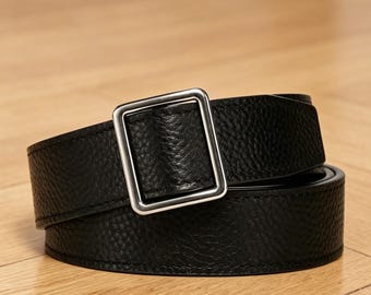 Vintage black belt with gold buckle,Full Grain Leather chic minimalist women's belt,Timeless Parisian luxury style,Elegant Gift for Her