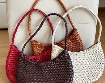 Handwoven Full Grain Leather Basket Bag, French Chic Women's Underarm Shoulder Handbag