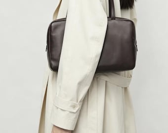 Premium Genuine Lambskin Tote Bag, Minimalist Top Handle Shoulder Purse, Soft Leather Bowling Handbag For Women,90s Bag