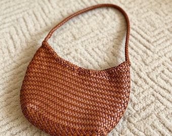 Handgeweven volnerf leren mandtas, Franse chique okselschouderhandtas voor dames