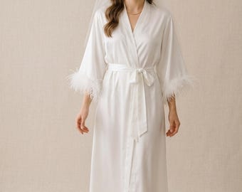 Lange rode veren bruidsgewaad luxe satijnen kimono bruidsmeisje kamerjas bruiloft voorbereiding gewaad