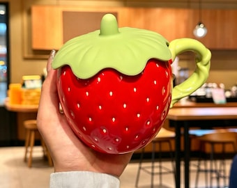 Handmade Strawberry Ceramic Mug with Lid | Custom Message Gift Box | Personalized Gift for Her