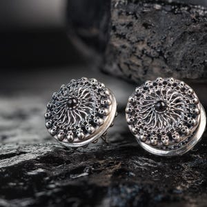 May include: A pair of circular silver ear plugs featuring a detailed radial pattern of small skulls surrounding a central black stone. The metallic surface has an oxidized finish that highlights the intricate textures and the skull motifs.