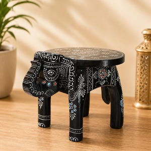Natural Wood Elephant Stool Hand Carved Statue- Boho Side Table, Coffee Table & Plant Stand Decor 8"
