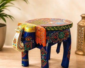 Tabouret éléphant en bois sculpté à la main | Table d'appoint indienne de style bohème peinte à la main