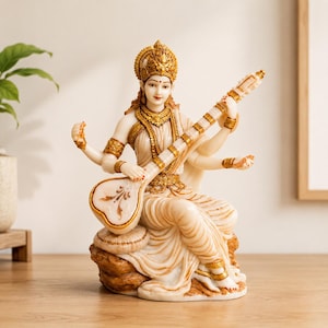 Saraswati-staty i marmor med Veena | Kunskapens gudinna Murti | Skrivbordsdekor