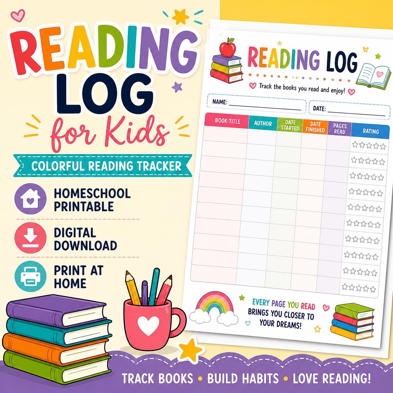 Kids Reading Log Printable, Colorful Book Tracker, Homeschool Chart