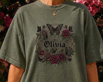 Custom Name Gothic Tshirt, Personalized Kids Names Goth Mom Tee, Butterfly Rose Shirt, Alternative Mama Style Gift For Goth Mommy Aesthetic