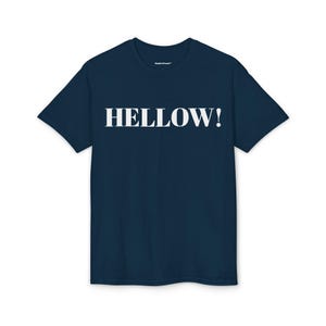 HELLOW! Text Graphic T-Shirt | Bold Stencil Lettering, Navy Tee