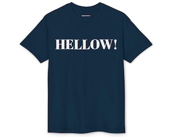 HELLOW! Text Graphic T-Shirt | Bold Stencil Lettering, Navy Tee