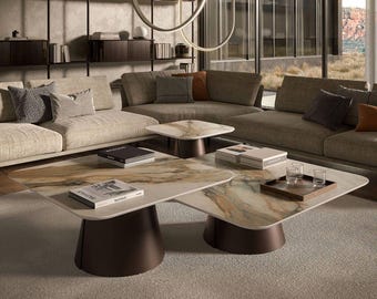 Luxe porseleinen salontafel moderne minimalistische woonkamertafel marmerlook eigentijds interieur handgemaakt