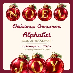 Puede incluir: Una colección digital de gráficos de adornos navideños con esferas de cristal rojo rubí y letras doradas. El texto dice Christmas Ornament Alphabet GOLD LETTER CLIPART 27 transparent PNGs A to Z ruby glass baubles + 1 blank.