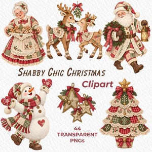May include: A digital collection of Christmas-themed illustrations featuring Mrs. Claus, two reindeer, Santa Claus, a snowman, star ornaments, and a decorated tree, all accented with red, green, and cream patchwork patterns and text reading Shabby Chic Christmas Clipart 44 Transparent PNGs.