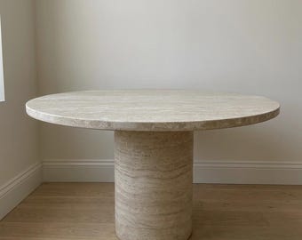 Round Travertine Dining Table | Cream Stone Pedestal, Modern Organic Kitchen Furniture