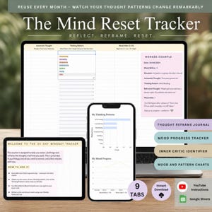 May include: The Mind Reset Tracker digital product, displayed on a tablet, phone, and laptop. The screens show charts and text, including "Thought Reframing Journal" and "Mood Progress Tracker." The product is designed to help users reflect, reframe, and reset their thoughts.
