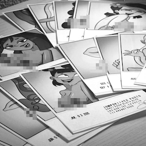 May include: A collection of black and white square photographs featuring cartoon character illustrations. Each print includes a white border with printed dates and the text JUMPORIVER PHOTO 34421 DON BLUTH BLVD LOS DUBIJOS CA 90210 (1) 443867 5309.