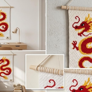 May include: A rectangular wall hanging featuring a red and yellow dragon design on a white textured background. The textile is suspended from a light-colored wooden dowel with a braided rope hanger attached to the ends of the wooden rod.