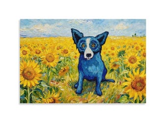Blue Unique Dog in Sunflower Field Canvas Print, Van Gogh Style Art, Louisiana Blue Dog Wall Art, Sunflower Field Home Decor