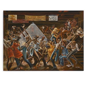 May include: An oil painting depicting a crowded dance hall titled The Sugar Shack. Numerous figures are shown dancing in dynamic poses under a bright spotlight. Banners hang from the ceiling with text including Dance Contest, Welcome to The Sugar Shack, and Listen to WMPC.