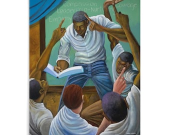 Ernie Barnes "Each One Teach One limited edition" Canvas Print,African American Education Art | Black Teacher & Students Wall Decor