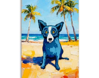 Blue Dog Tropical Beach Canvas Print, Louisiana Blue Dog Wall Art, Palm Tree Beach Dog Wall Decor, Whimsical Coastal Art