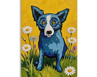 Blue Dog in Daisy Field Canvas Print,Louisiana Blue Dog Wall Art,Yellow Background Dog with Daisies Wall Decor, Whimsical Floral Dog Art