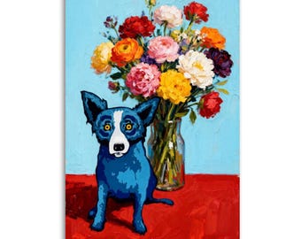 Blue Unique Dog with Colorful Flower Bouquet Canvas Print,Louisiana Blue Dog Wall Art,Floral Blue Dog Wall Decor