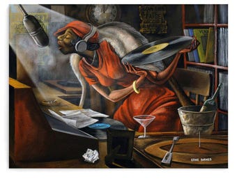 Ernie Barnes "The DJ" Canvas Print,African American Jazz Art,Black Female Radio Host Wall Decor