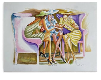 Ernie Barnes "Tete A Tete" Canvas Print,African American Women Friends Art,Black Sisterhood Wall Decor