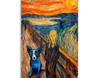 Blue Dog in The Scream Canvas Print, Edvard Munch x Louisiana Blue Dog Wall Art, Whimsical Dog Wall Decor, Funny Art Mashup